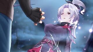 An assassin is having fun with a girl in an intimate setting