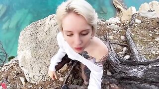 A cute girlfriend passionately sucks her ex-boyfriend's big dick on the shore