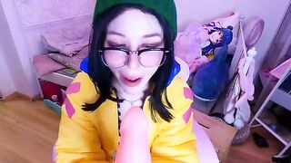 A sexy cosplay girl, inspired by Valorant’s Ljoy, fucks with a big dildo