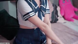 A cute schoolgirl was fucked and received a creampie and facial, showcasing Eva Elfie’s signature style