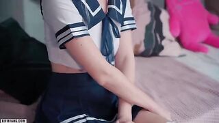 A cute schoolgirl was fucked and received a creampie and facial, showcasing Eva Elfie’s signature style