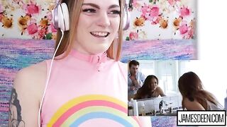 Carly Rae Summers reacts to hardcore action with James Deen and Sara Luvv