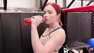 The personal trainer pushed the girl hard after her workout. The girl sweated and was humiliated