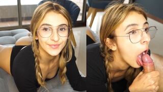 A pretty girl with big eyes has sex with a guy