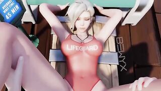 The merciful angel Mercy has sex with a man in missionary pose