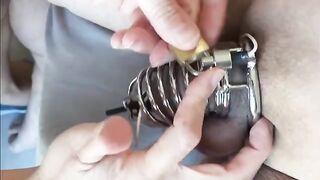 Femdom prostate milking with chastity belt and e-stim play