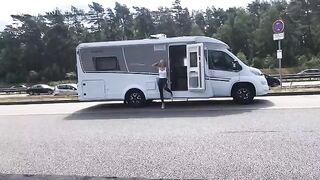 Public sex in wet look leggings on the A1 motorway