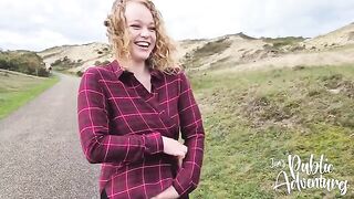 A curvy blonde gets horny and almost gets caught on the beach in HD