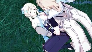 Aether fucks Lumine in the meadow under the night sky - Genshin Impact Hentai