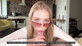 A pretty woman with glasses got a messy, hot cumshot on her face