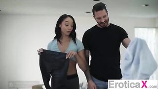 The couple has passionate sex while the girl is breastfeeding, showcasing sensual intimacy