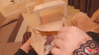 The man stuck his dick in the popcorn for sexy stepmom