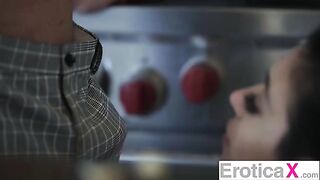 The couple have passionate sex right in the kitchen for erotic pleasure