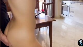 An Italian woman begs to be satisfied until she squirts, in a steamy homemade kitchen scene