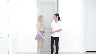 Skinny blonde Madison Summers in a romantic kitchen sex scene, showcasing passionate intensity