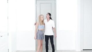 Skinny blonde Madison Summers in a romantic kitchen sex scene, showcasing passionate intensity