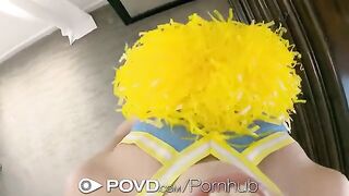 The cheerleader has a big dick explosion on her face in POV style