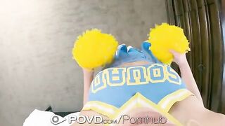 The cheerleader has a big dick explosion on her face in POV style