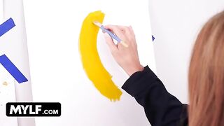 Artistic MILF with big tits seduces her nude male model painter