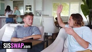 Lusty dudes pretend to be stepsisters' boyfriends, swapping and fucking them hard
