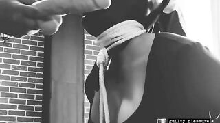 A BDSM sex tape featuring a bound slave getting fucked in the pussy and mouth