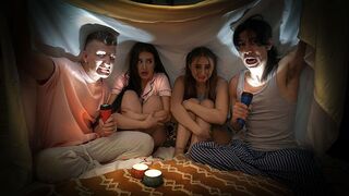 Naughty boys tell a scary story to Penelope and Aubrey for sex