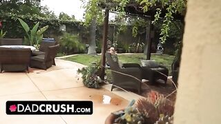 Fit teen lets pervert stepdad finger her pussy and fuck her mouth by the pool