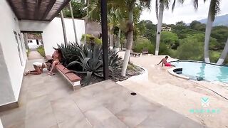 Girl fucked by her boyfriend and his stepsister by the pool