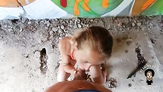 A cute and beautiful blonde has sex with a guy in a ruin
