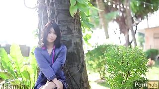 A sunny day in the garden with an Asian girl who loves to masturbate