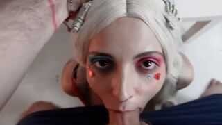 The crazy bitch Harley Quinn has sex with a huge buttplug in her ass
