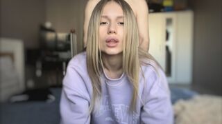 The pretty woman has passionate sex with her boyfriend and brings him to orgasm