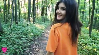 A girl on a forest walk got hungry, found a guy to feed