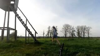 A Chihuahua was fucked by a man on a hunting podium outdoors