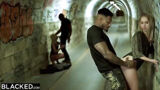 Blonde in three-way sex with two guys in public - BLACKEDRAW