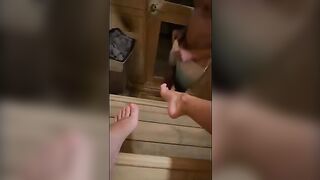 The guy masturbates in sauna and gets fucked hard