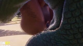 Two sexy girls are being fucked by a huge dick monster in 3D