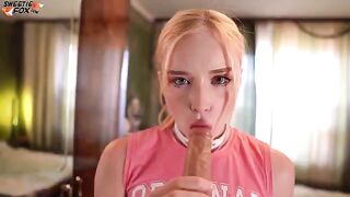 A juicy girl gets fucked through a hole in her jeans and receives a cumshot in her mouth