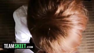 Ginger housekeeper Abbey Rain gets fucked and cum on her knees