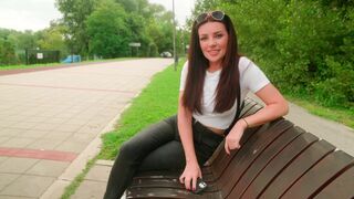 A daring blowjob in the park with a hot brunette taking a risk for fame