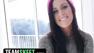 A blue-eyed brunette babe, Whitney Westgate, gets her neighbor's dick sucked and cum on her tits