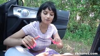 A chick is waiting for a client on the streets and shows her skills