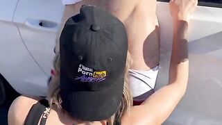 A woman fucks with two guys and gets creampie on the Nevada desert road