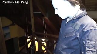 The Devil is fucking a girl in a Halloween costume in a scary house