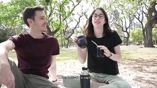 An amateur couple gets caught while having sex in the park and the girl gives a blowjob to her boyfriend