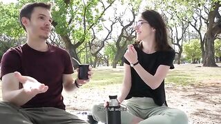 An amateur couple gets caught while having sex in the park and the girl gives a blowjob to her boyfriend