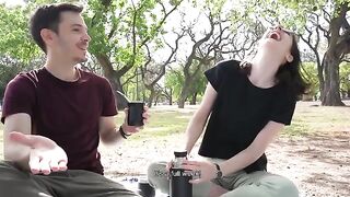 An amateur couple gets caught while having sex in the park and the girl gives a blowjob to her boyfriend