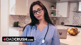 A stepdad is being tested by his cute nurse stepdaughter