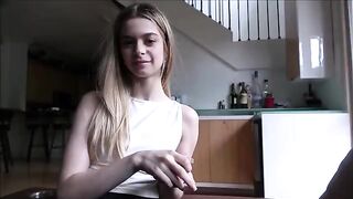 The tiny stepdaughter, just 18, practices with her stepdad using a role-play