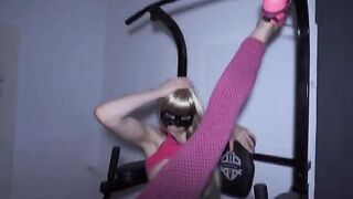Fitness teen gets her ass pounded by two cocks in the gym